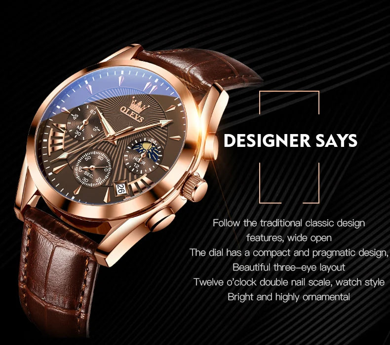 OLEVS Quartz Men's Watch – Luxury Waterproof Leather Wristwatch for Business