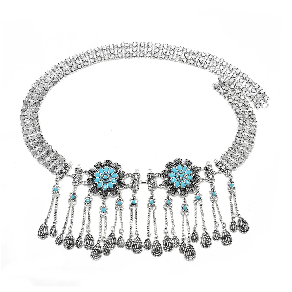 Silver boho waist belt with turquoise floral accents and dangling teardrop charms