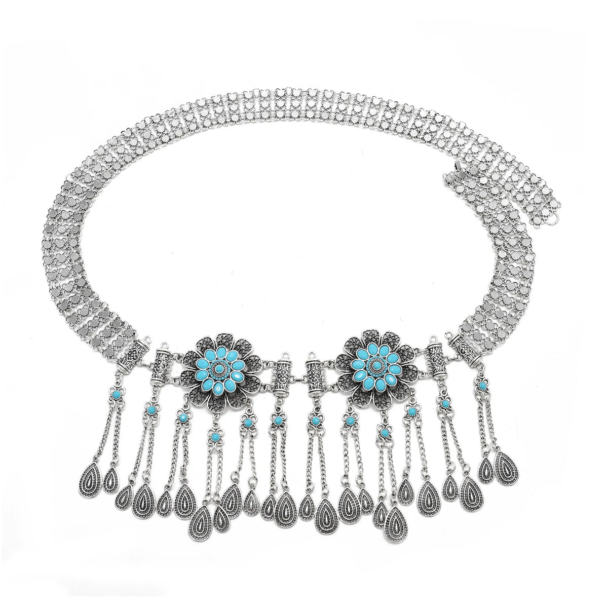 Silver boho waist belt with turquoise floral accents and dangling teardrop charms