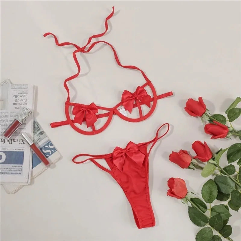 Bow Knot Lingerie Set – Hollow Out Halter Underwear for Sexy Nightwear