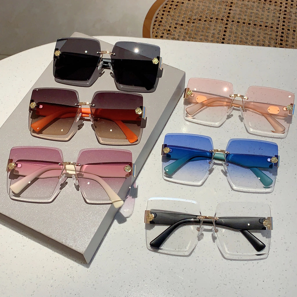 Oversized Rimless Square Sunglasses – Gradient Fashion Eyewear for Women