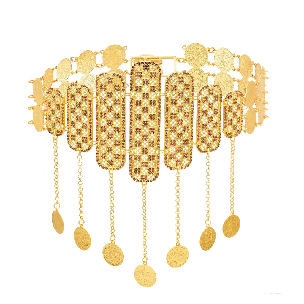 Gold plated choker necklace with intricate patterns and dangling coin charms