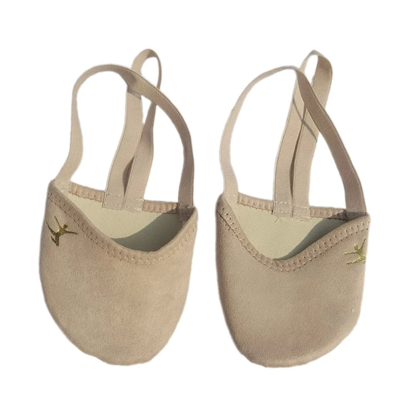 Beige suede dance foot thongs with elastic straps and small gold embroidery detail