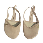 Beige suede dance foot thongs with elastic straps and small gold embroidery detail
