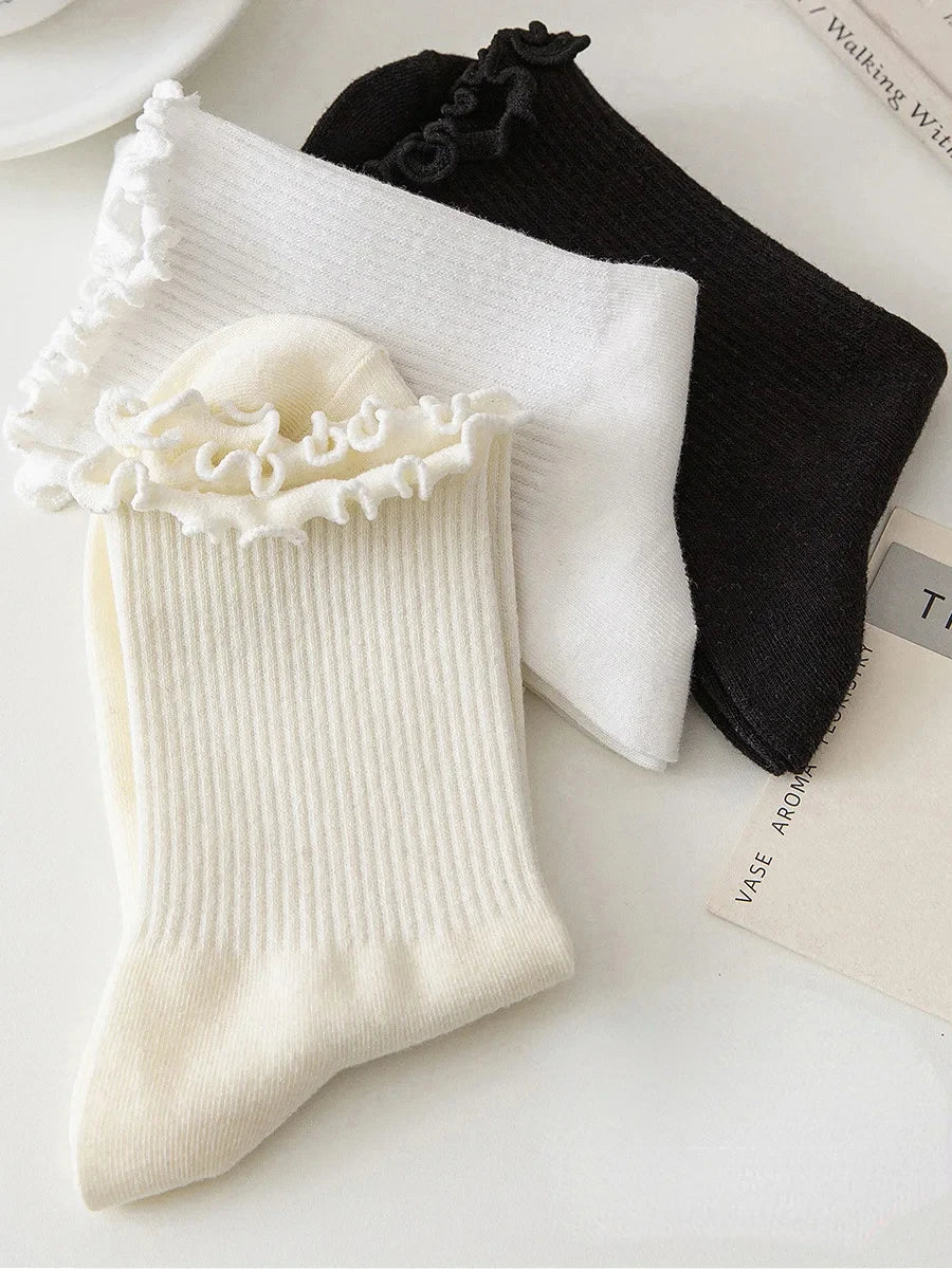 Ruffled Mid-Tube Socks – Breathable Cotton Casual Wear for Women