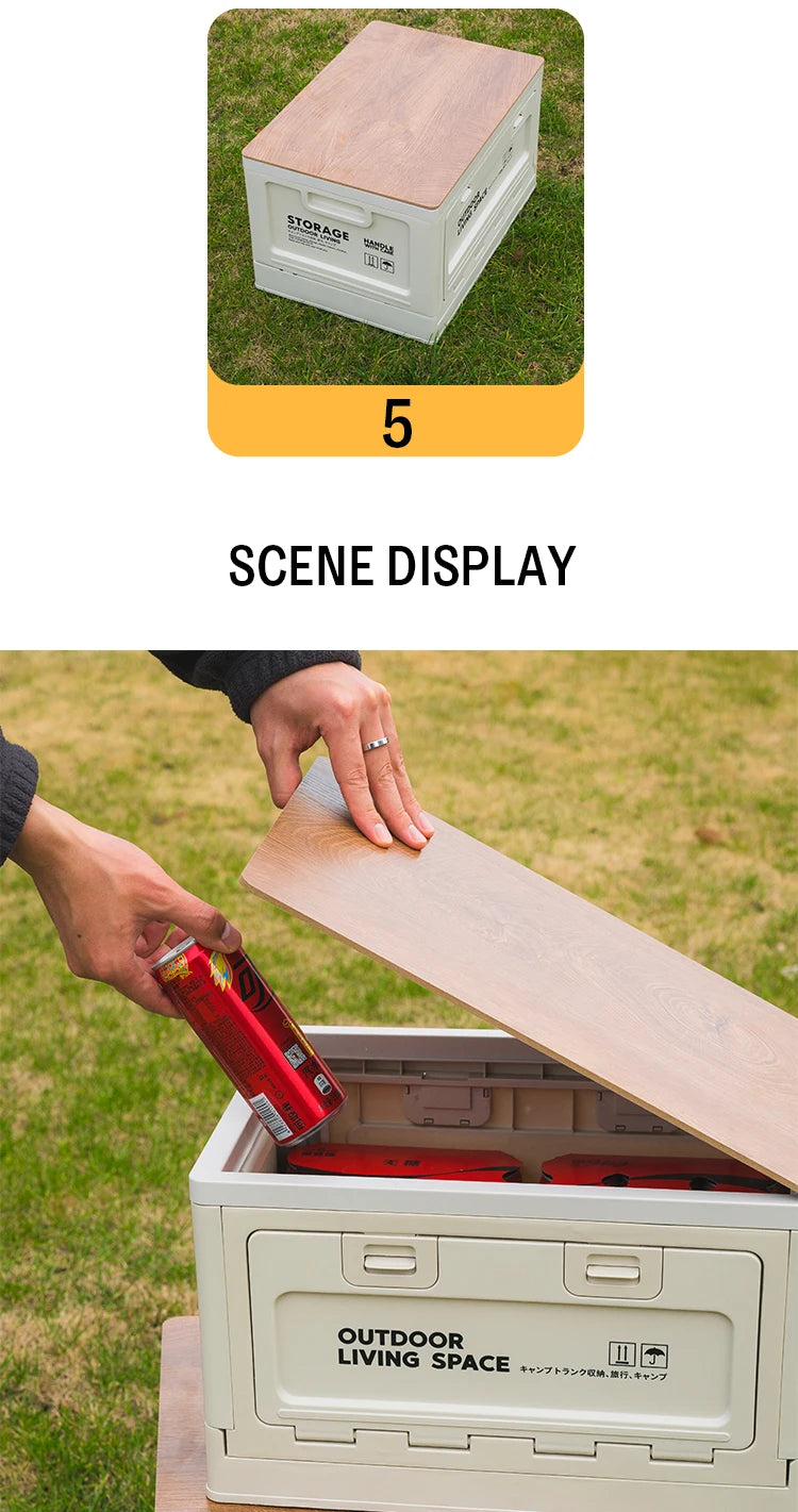 Folding Storage Box – Wooden Lid for Camping and Car Trunk Organization