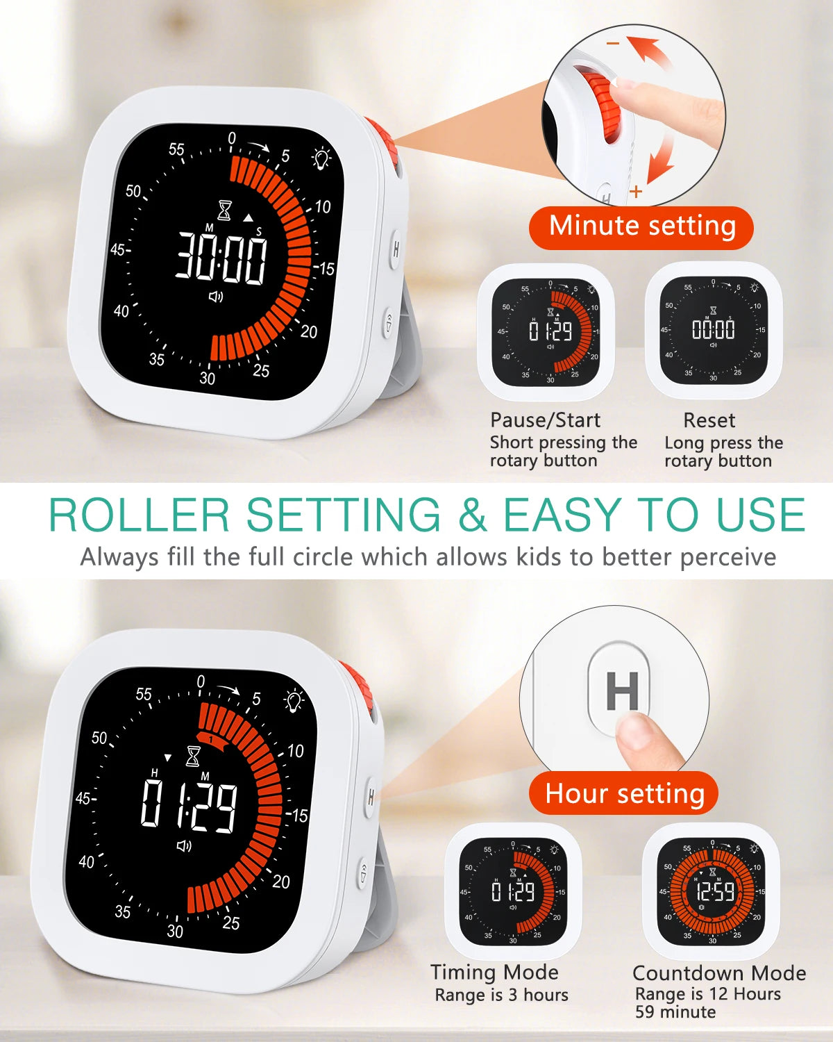 Rechargeable Visual Timer – Digital Countdown Tool for Kitchen School Office