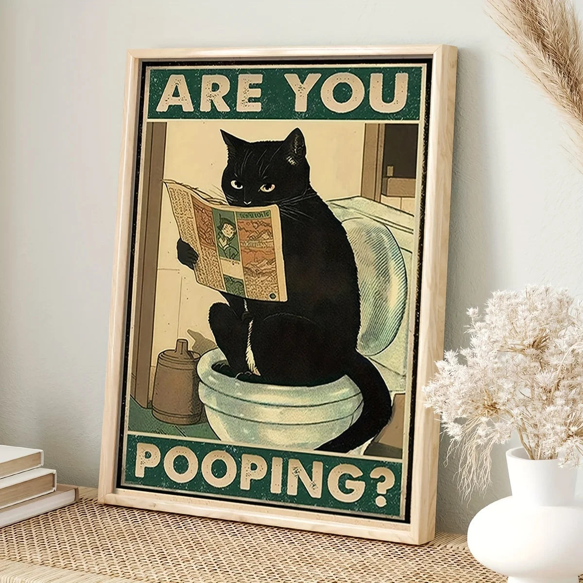 Funny Black Cat Newspaper Poster – Retro Bathroom Wall Art for Home Decor