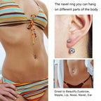 Multi-use silver belly ring shown as navel and ear piercing jewelry, worn by women in swimwear.
