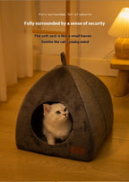 Enclosed Triangle Cat Bed – Warm Plush House for Indoor Winter Sleep