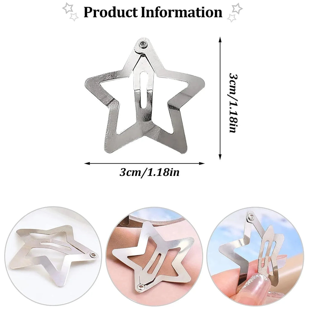 Silver Star Snap Hair Clips – Metal Y2K Barrettes for Girls Hairstyles