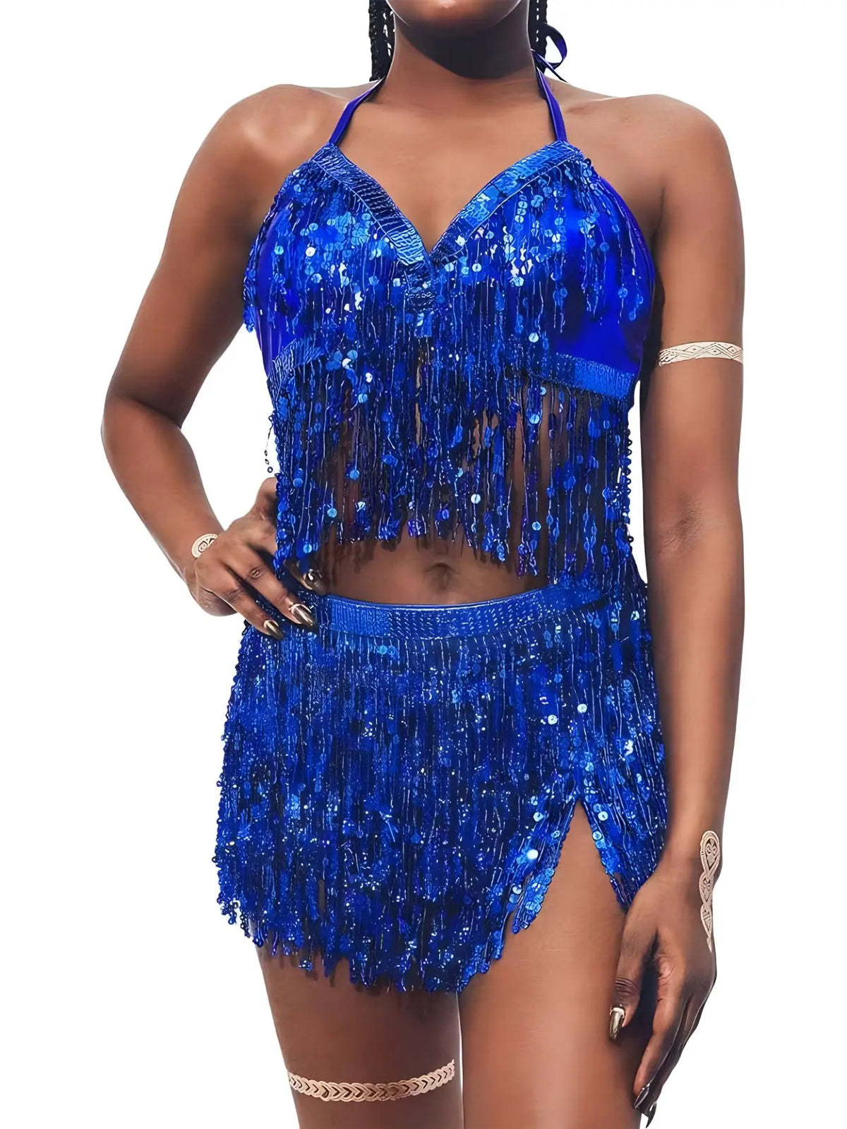 Woman wearing a blue sequin fringe halter crop top and matching mini skirt set