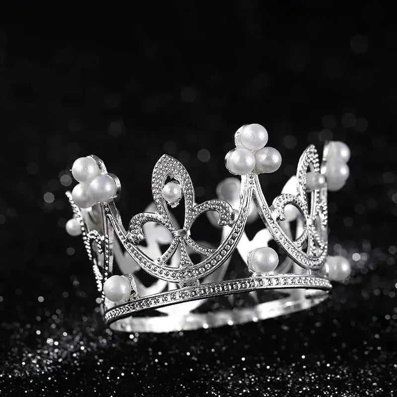 Mini Plastic Crown Topper – Pearl Tiara for Kids Cake and Hair Decoration