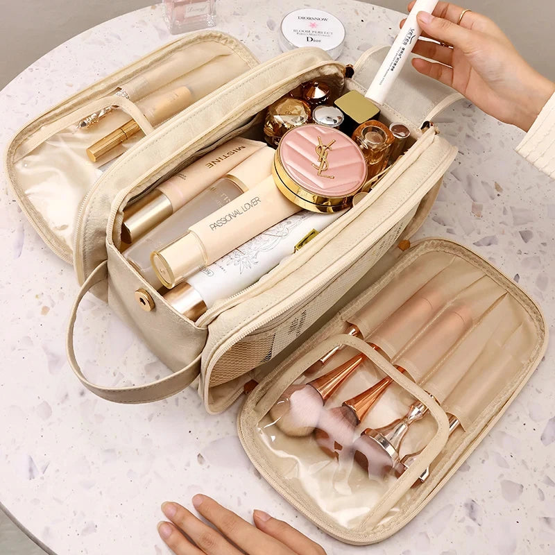 Large PU Leather Makeup Bag – Double Zipper Organizer for Travel Toiletries