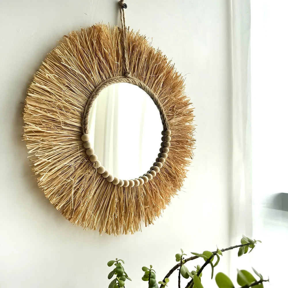 Raffia Wall Mirror – Boho Wood Bead Decor for Farmhouse Nursery
