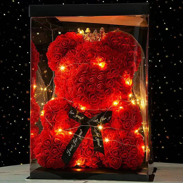 Artificial Rose Teddy Bear – 25cm Flower Gift for Valentines Anniversary