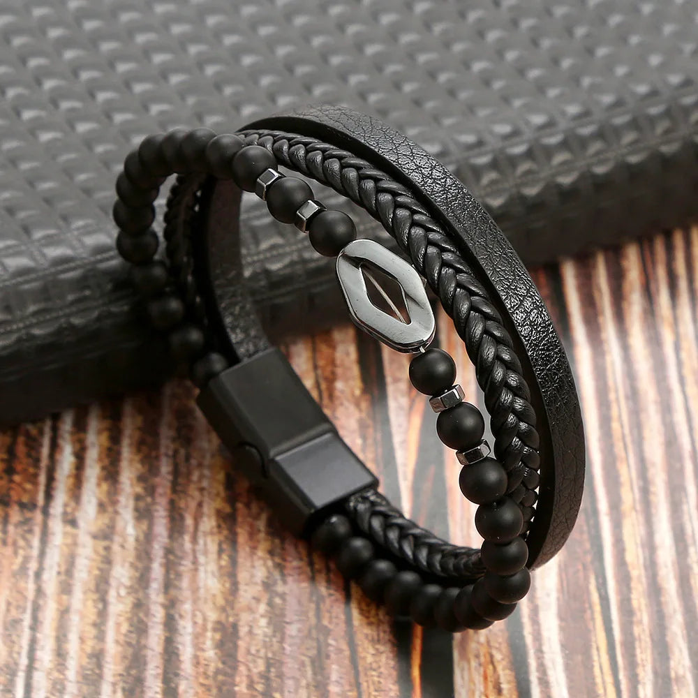 Tiger Eye Leather Bracelet – Multi-Layer Beaded Jewelry for Men