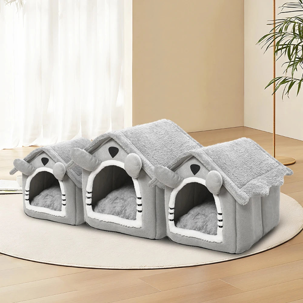 Detachable Gray Cat House – Semi-Enclosed Washable Shelter for Winter