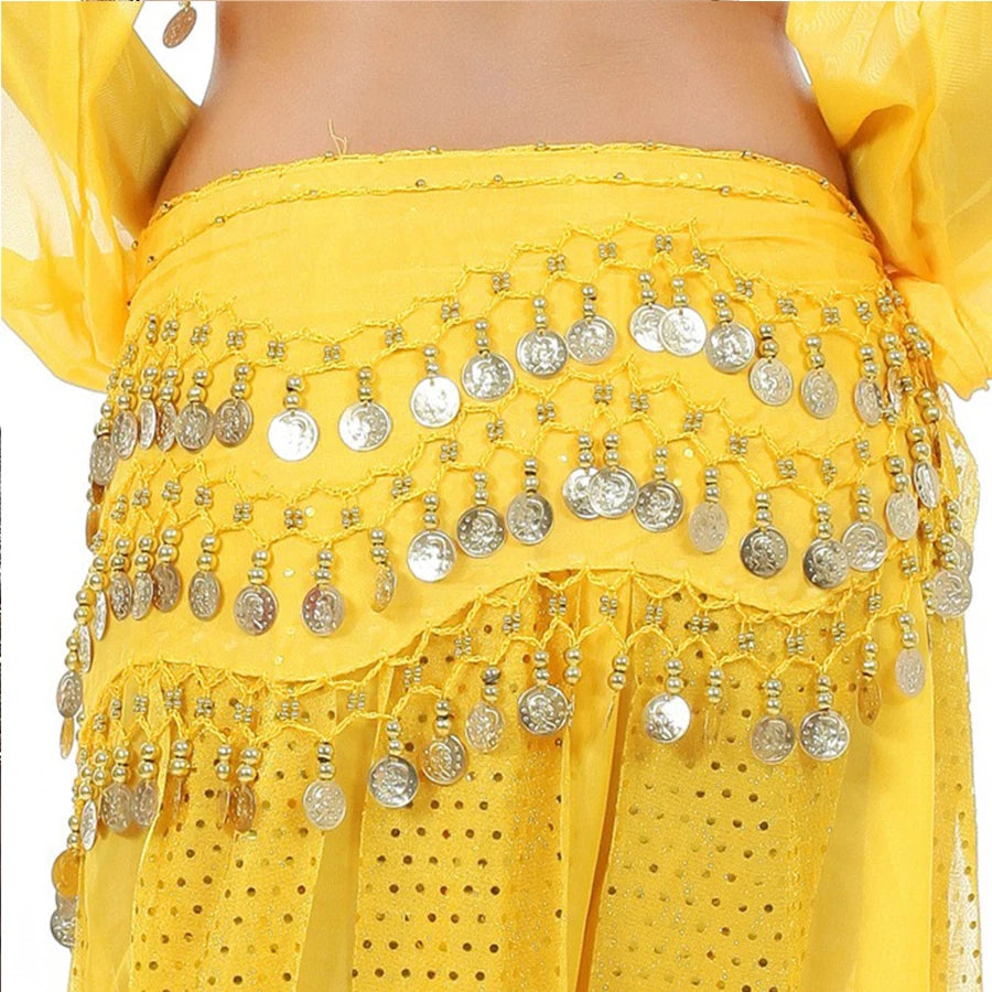Yellow belly dance hip scarf with gold coins and bead accents, closeup view