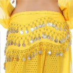 Yellow belly dance hip scarf with gold coins and bead accents, closeup view
