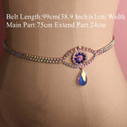 Rhinestone waist chain belt with eye-shaped centerpiece and teardrop jewel, mannequin display
