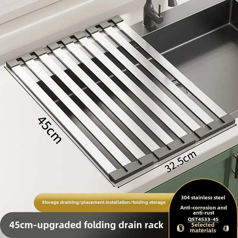 Stainless Steel Roll Up Drain Rack – Foldable Kitchen Dish Drying Basket