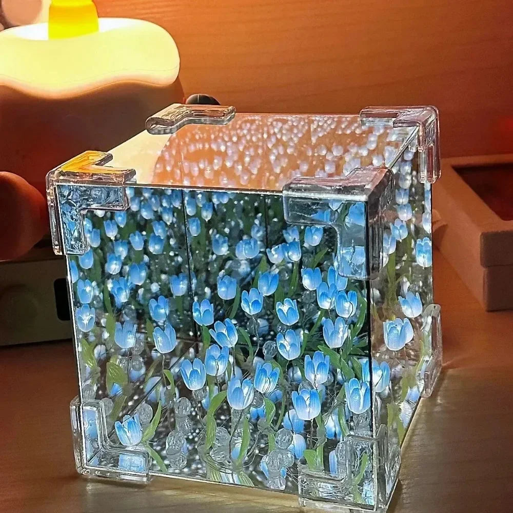 DIY Tulip Flower Sea Cube Night Lamp – Handmade Creative Gift for Girlfriend