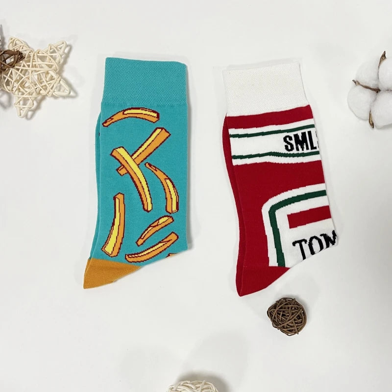 Printed Food Novelty Socks – Ketchup and Fry Mid-Calf Crew for Cosplay