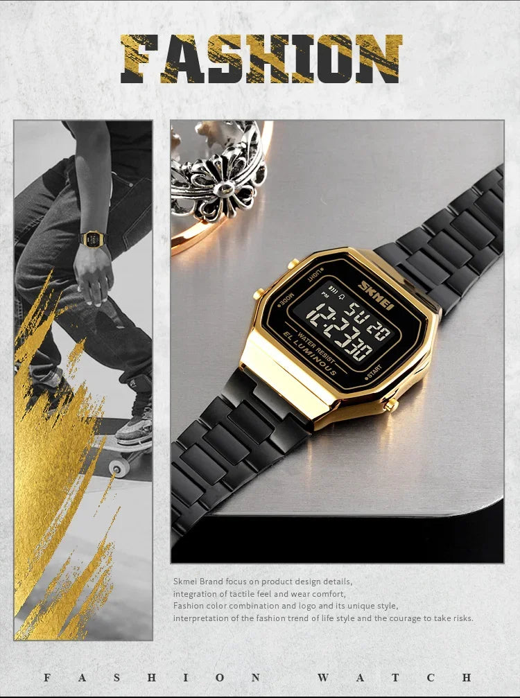 Retro LED Digital Watch – Stainless Steel Wristwatch for Men