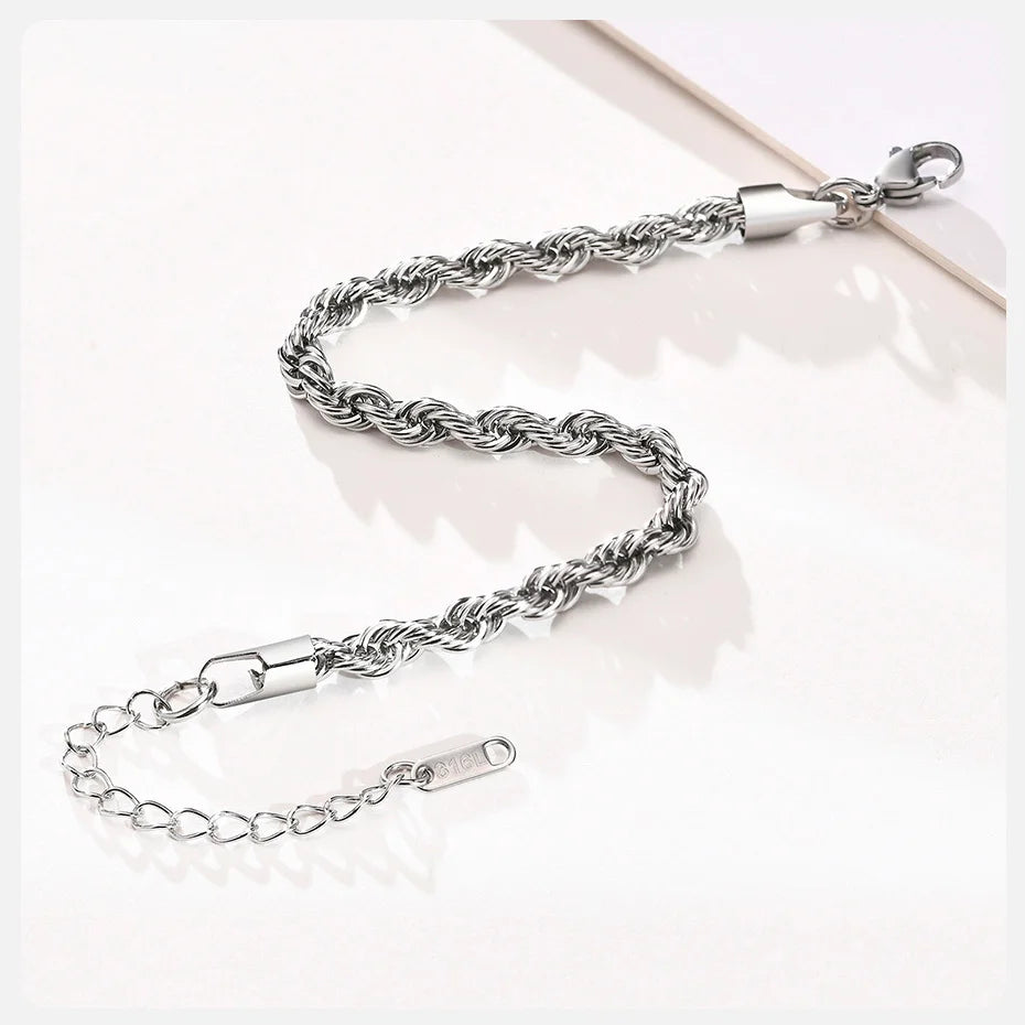 Stainless Steel Rope Chain Bracelet – Unisex Twisted Link Jewelry for Gift