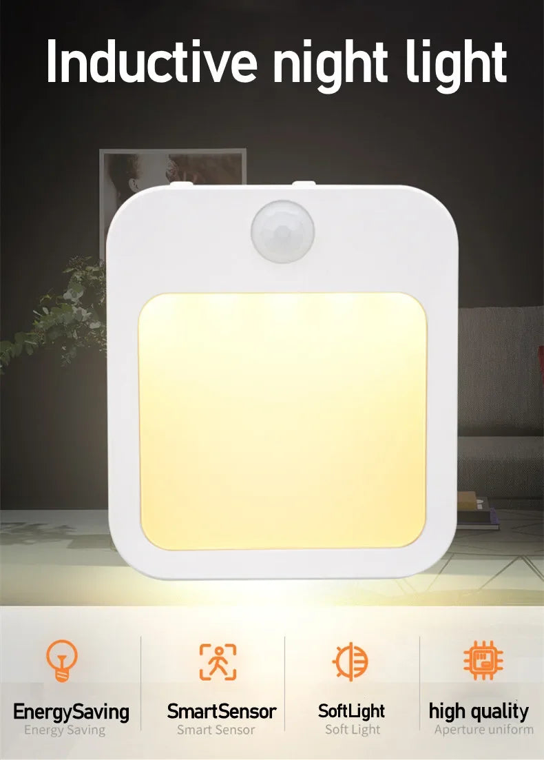 Motion Sensor LED Night Light – Dimmable EU Plug for Bedroom and Corridor