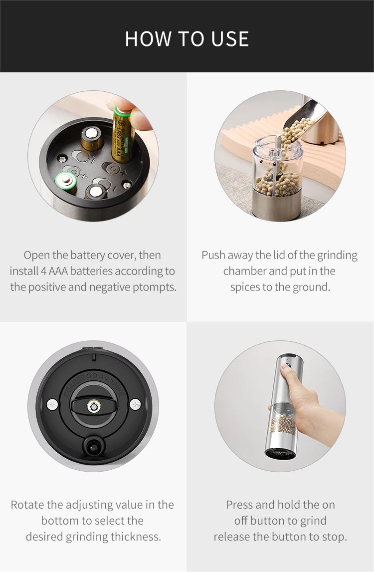 Electric Salt and Pepper Grinder – Adjustable LED Mill for Kitchen Cooking