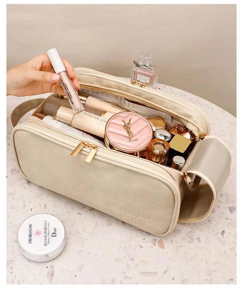 Large PU Leather Makeup Bag – Double Zipper Organizer for Travel Toiletries