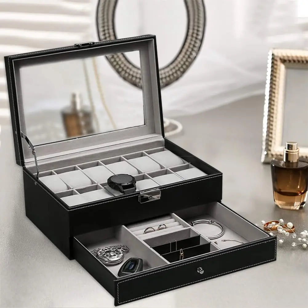 12 Slot Leather Watch Box – Lockable 2-Tier Jewelry Organizer for Display