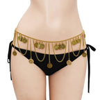 Gold coin belly chain body jewelry over black bikini bottoms, boho accessory for women