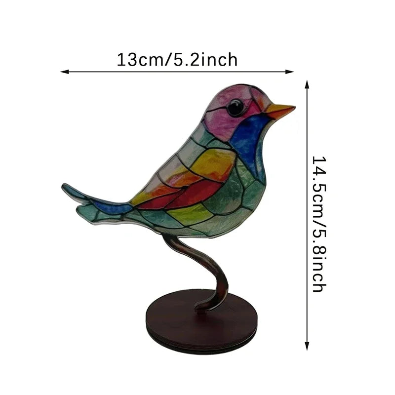 Stained Acrylic Bird Statue – Colorful 2D Branch Ornament for Home Decor