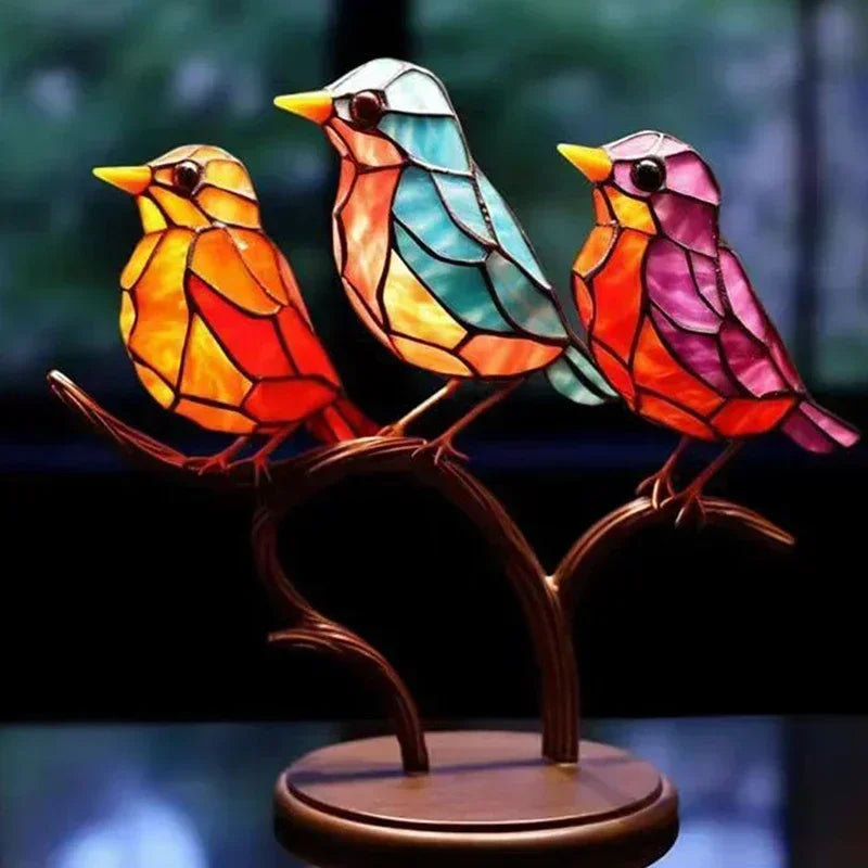 Stained Acrylic Bird Statue – Colorful 2D Branch Ornament for Home Decor