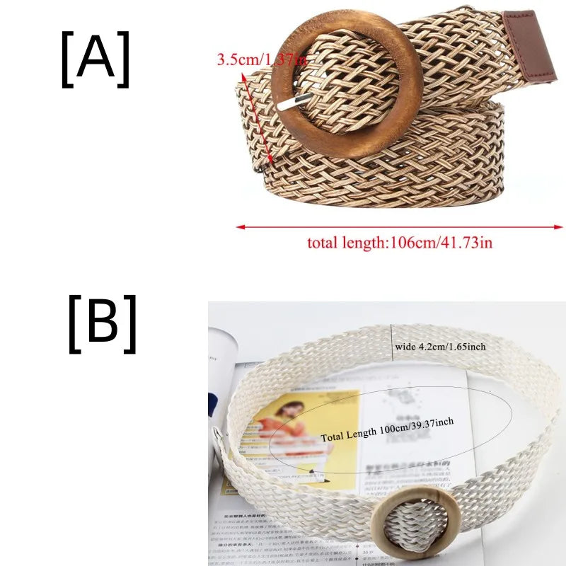 Braided Straw Waist Belt – Boho Wooden Buckle Accessory for Women