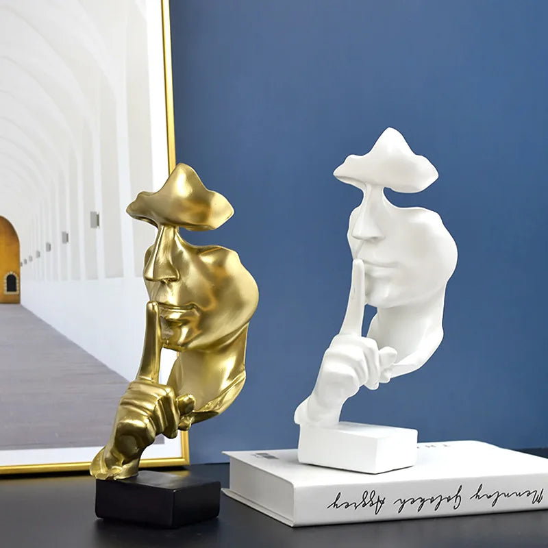Abstract Thinker Resin Statue – Gold Silence Face Sculpture for Home Decor