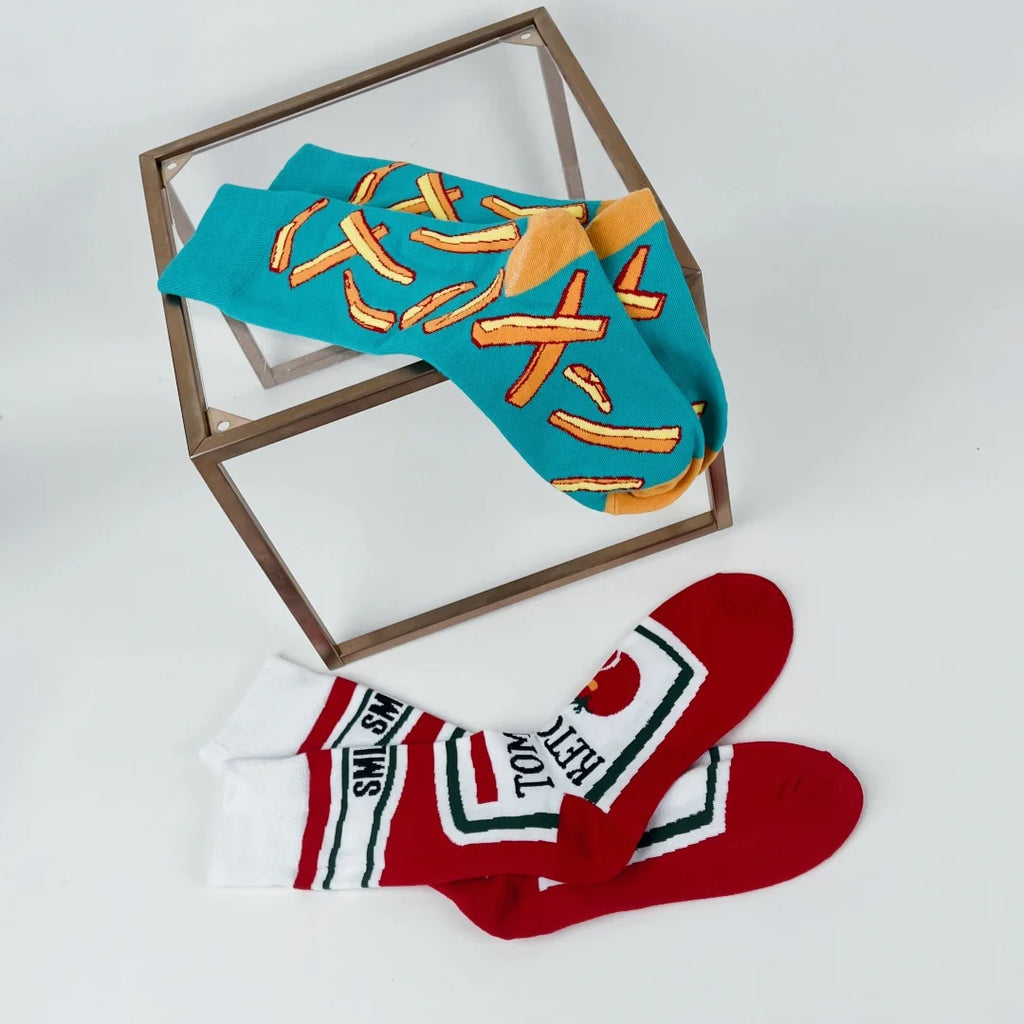 Printed Food Novelty Socks – Ketchup and Fry Mid-Calf Crew for Cosplay