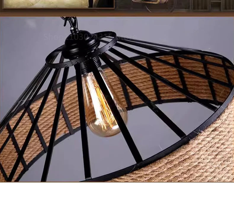 Industrial Hemp Rope Pendant Lamp – Antique Iron Chandelier for Dining Room