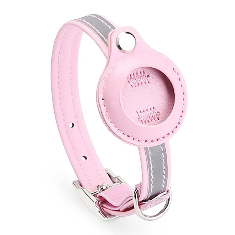 Adjustable Leather Airtag Collar – Reflective GPS Tracker for Pets