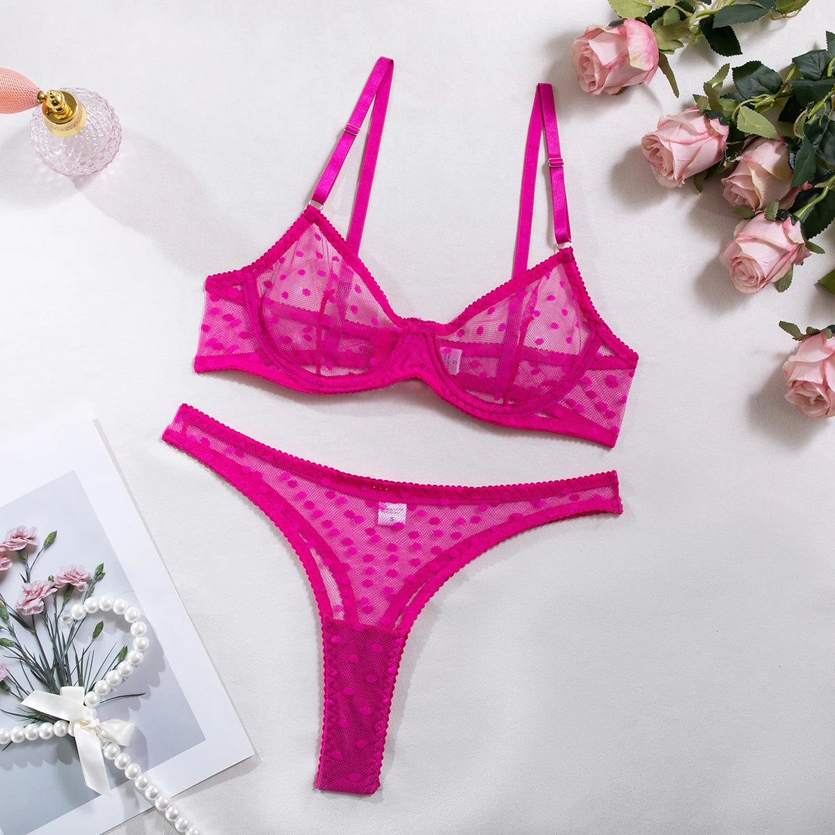 Polka Dot Mesh Lingerie Set – Sheer Underwire Bra and G-String for Women