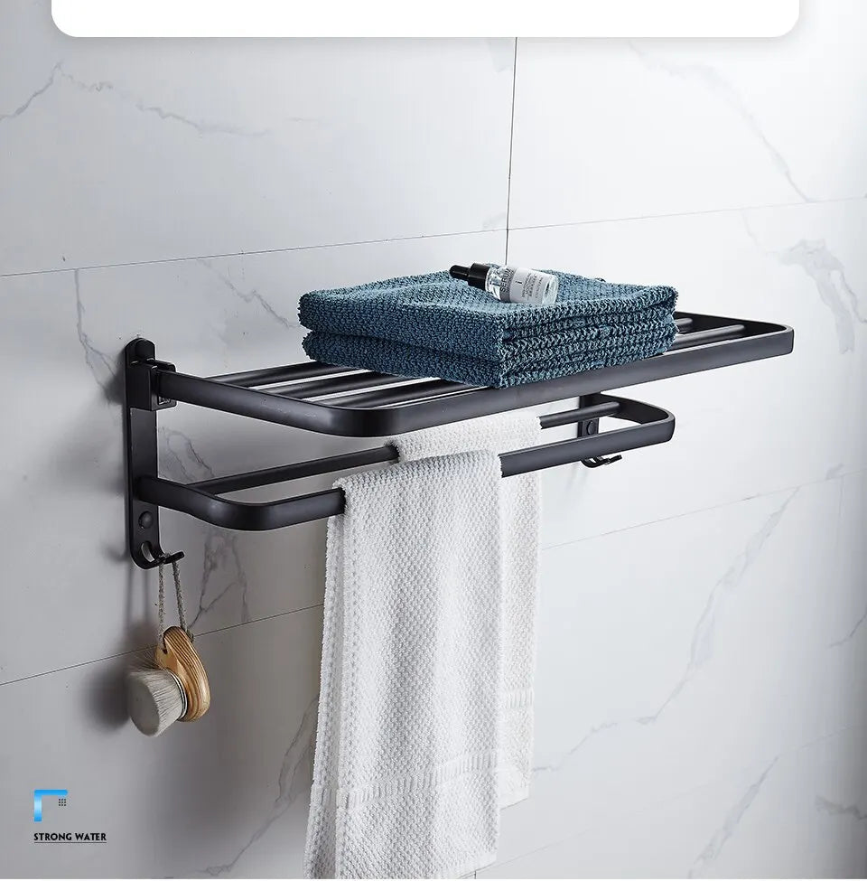 Matte Black Aluminum Towel Rack – 50cm Wall Mounted Holder with Hook