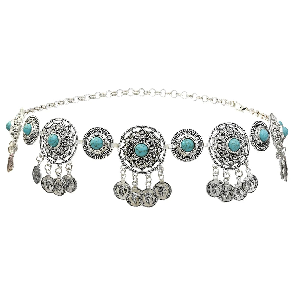 Boho-style silver coin belt with turquoise stones and intricate medallion detailing