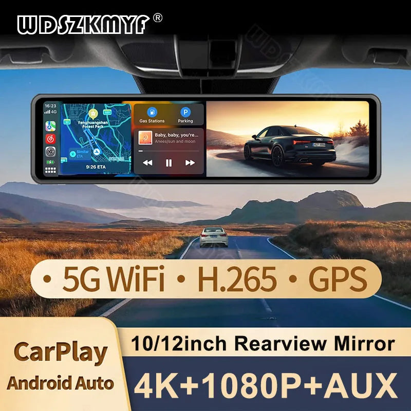 12-Inch 4K Mirror Dash Cam – Wireless CarPlay Android Auto for Car Navigation