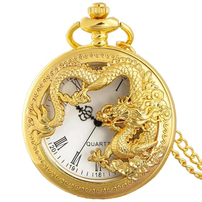 Vintage Hollow Chinese Dragon Pocket Watch – Roman Numeral Necklace Gift