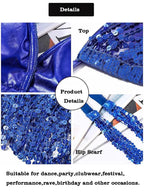 Blue sequin dance costume set with top and hip scarf, ideal for dance, party, and performance wear