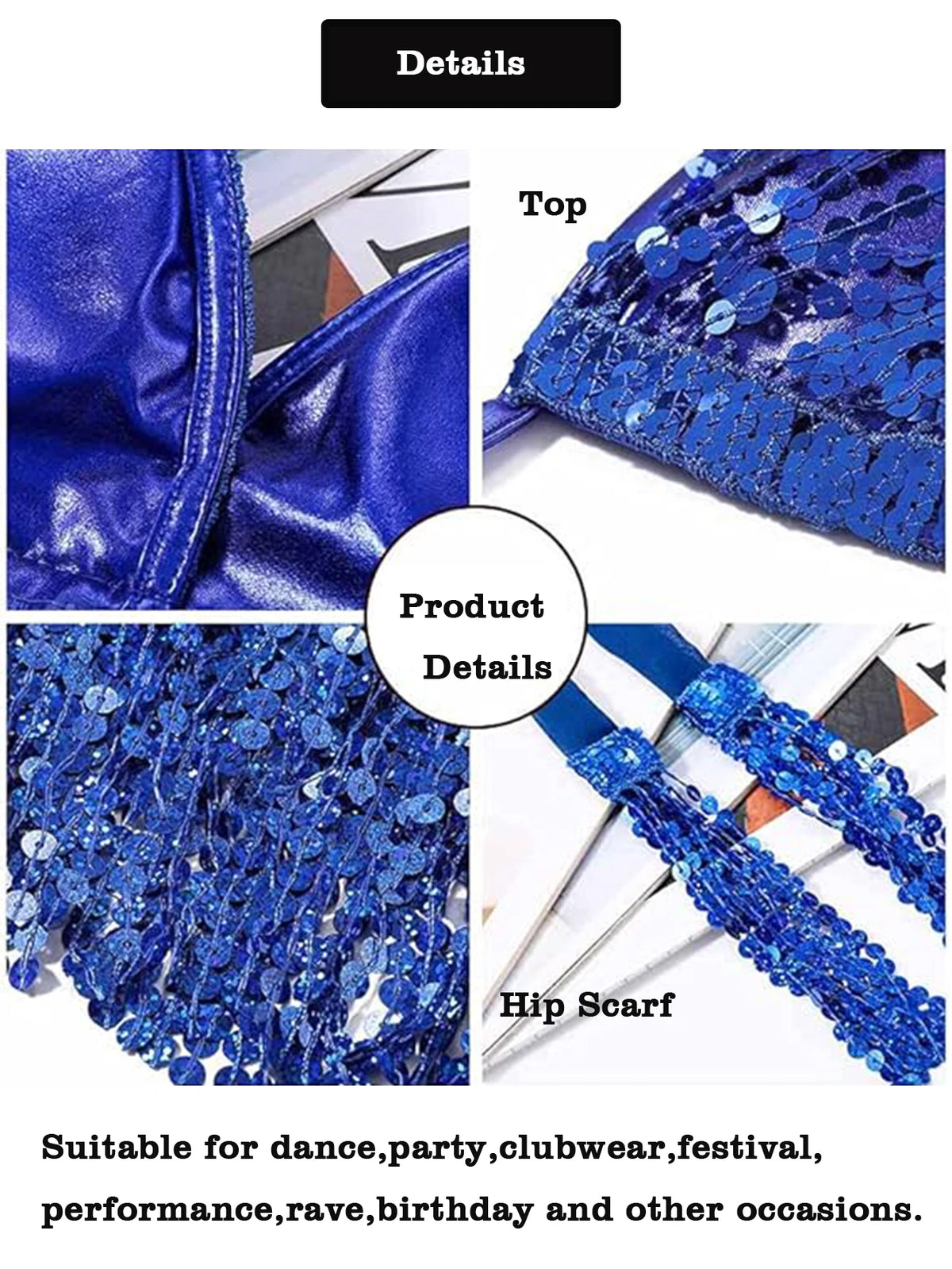 Blue sequin dance costume set with top and hip scarf, ideal for dance, party, and performance wear
