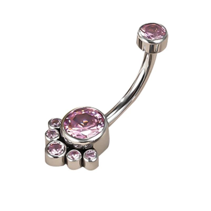 Silver belly button ring with pink gemstones arranged in a paw print shape
